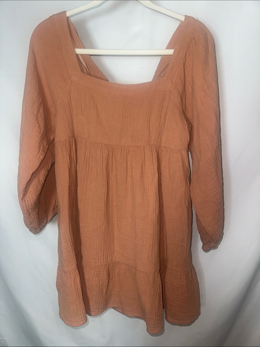 Square Neck Long-Sleeve Gauze Dress in Dusty Peach